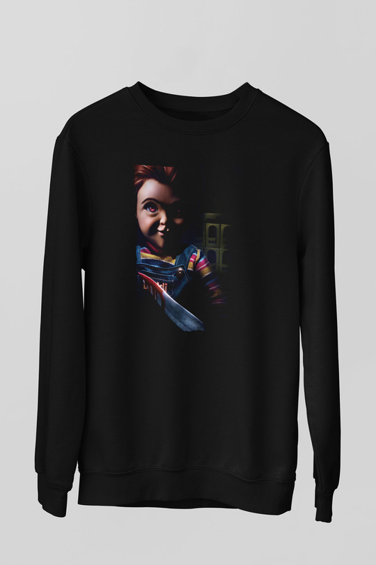 Unisex Chucky (Child's Play) Baskılı Siyah Sweatshirt