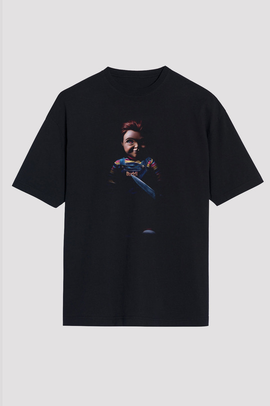 Unisex Chucky (Child's Play) Baskılı Siyah Oversize Tişört