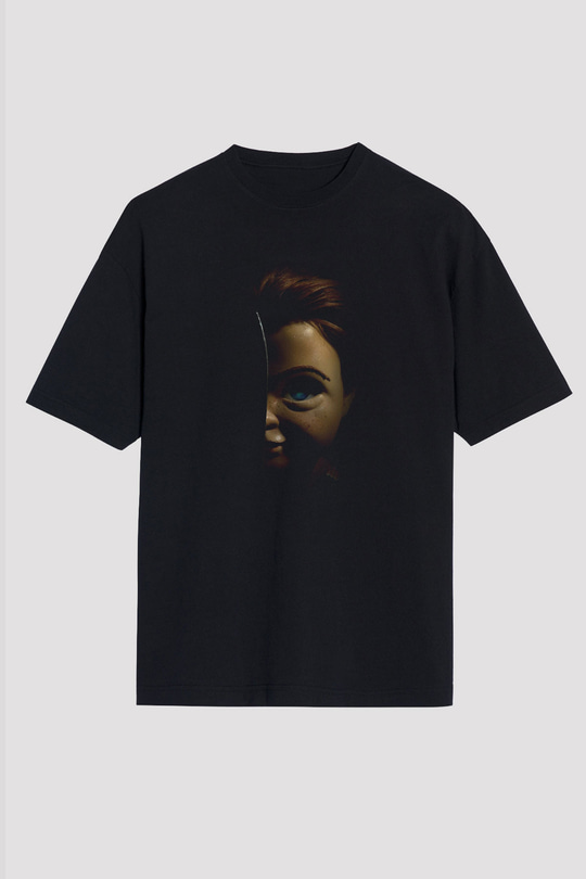 Unisex Chucky (Child's Play) Baskılı Siyah Oversize T-shirt