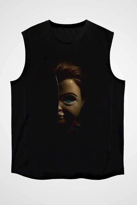 Unisex Chucky (Child's Play) Baskılı Siyah Kolsuz T-shirt