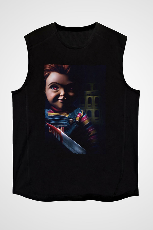 Unisex Chucky (Child's Play) Baskılı Siyah Kolsuz Tshirt