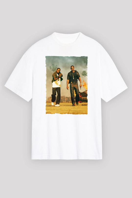 Unisex Çılgın İkili - Bad Boys Baskılı Beyaz Oversize Oversize T-shirt