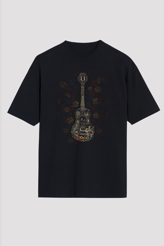 Unisex Coco Baskılı Siyah Oversize T-shirt