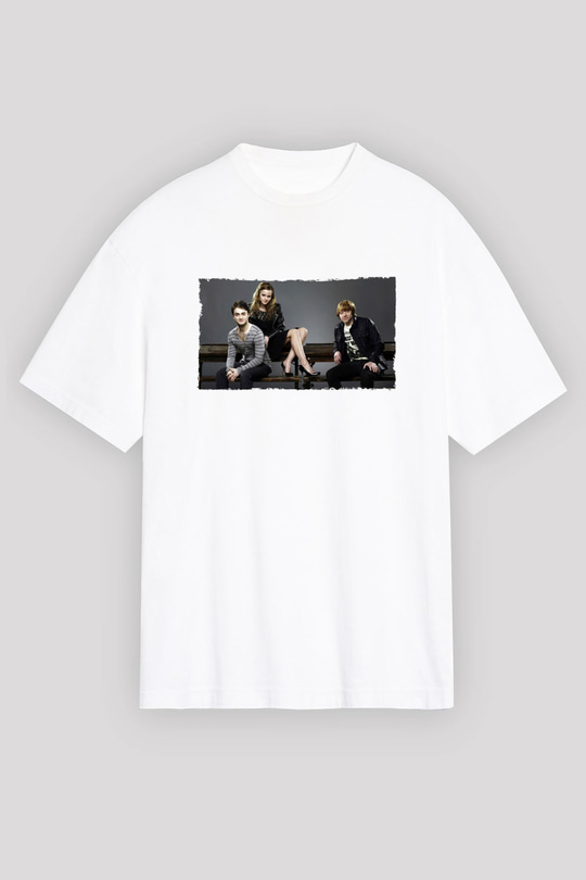 Unisex Daniel Radcliffe - Emma Watson and Rupert Grint Baskılı Beyaz Oversize Tişört