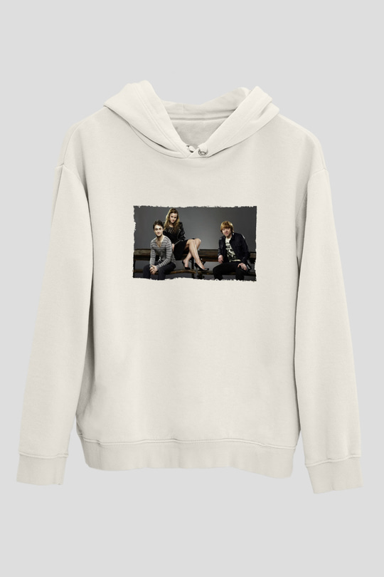 Unisex Daniel Radcliffe - Emma Watson and Rupert Grint Baskılı Beyaz Kapüşonlu Sweatshirt