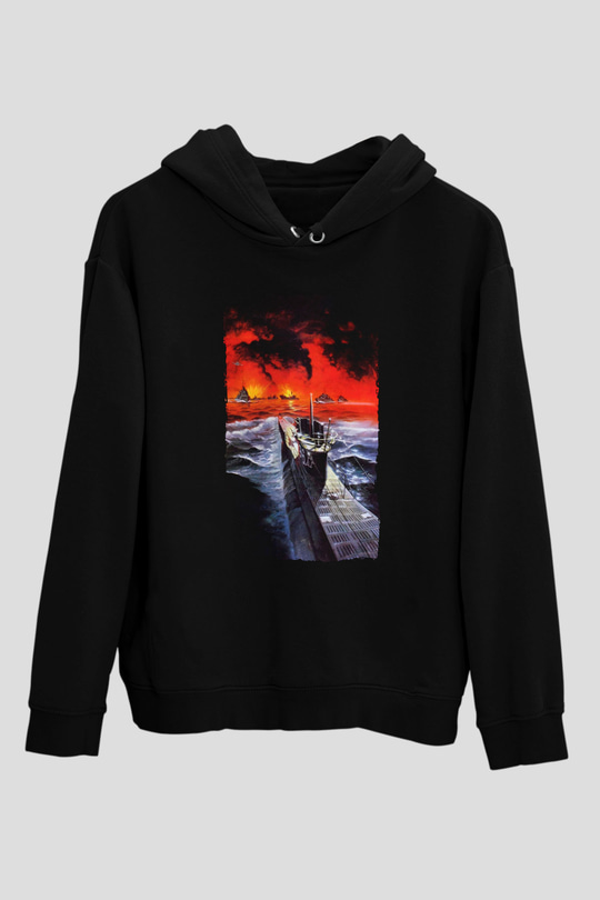 Unisex Das Boot Baskılı Siyah Kapüşonlu Sweatshirt