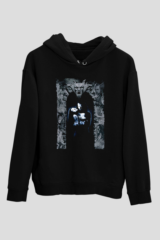 Unisex Drakula Baskılı Siyah Kapüşonlu Sweatshirt