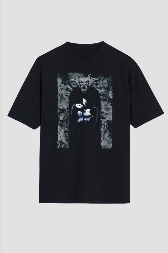 Unisex Drakula Baskılı Siyah Oversize Tişört