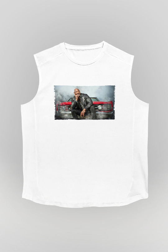 Unisex Dwayne Johnson as Luke Hobbs in Fast and Furious Baskılı Beyaz Kolsuz Tshirt