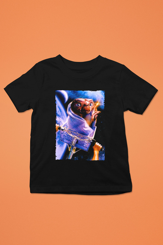 Unisex E.T. (E.T. the Extra-Terrestrial) Baskılı Siyah Çocuk Tshirt