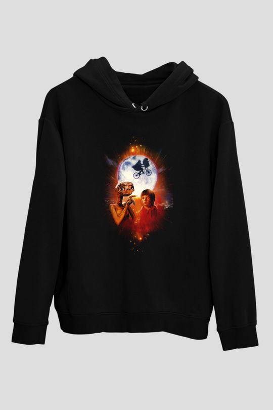 Unisex E.T. (E.T. the Extra-Terrestrial) Baskılı Siyah Kapüşonlu Sweatshirt