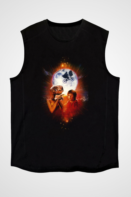 Unisex E.T. (E.T. the Extra-Terrestrial) Baskılı Siyah Kolsuz Tişört
