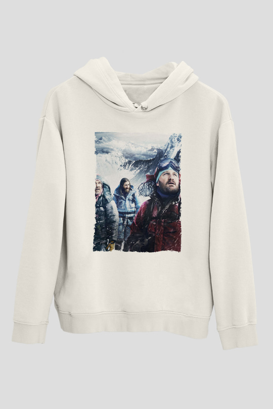 Unisex Everest Dağı Baskılı Beyaz Kapüşonlu Sweatshirt