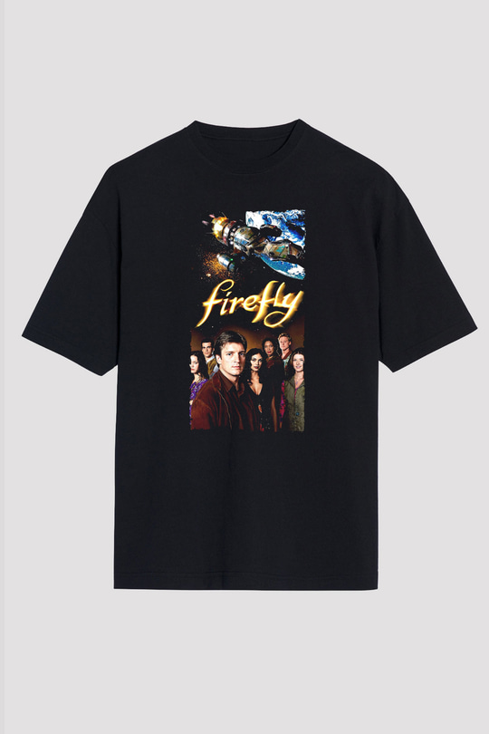 Unisex Firefly Baskılı Siyah Oversize Tişört