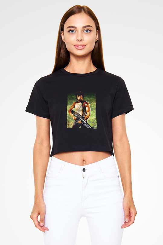 Unisex First Blood Baskılı Siyah Crop Top Tişört