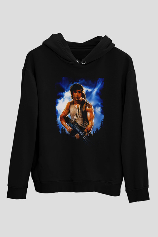 Unisex First Blood Baskılı Siyah Kapüşonlu Sweatshirt
