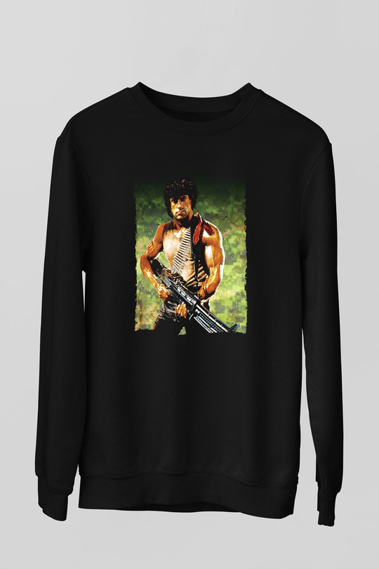 Unisex First Blood Baskılı Siyah Sweatshirt