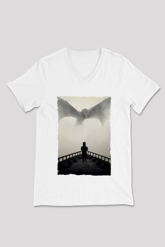 Unisex Game of Thrones Baskılı Beyaz V Yaka Tişört