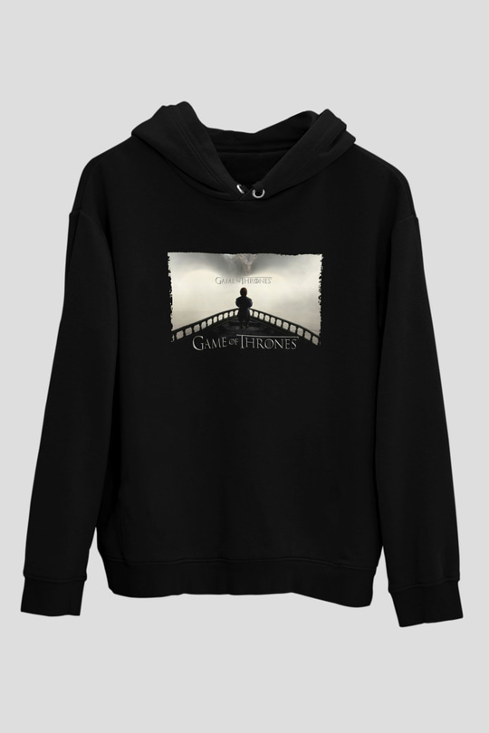 Unisex Game of Thrones Baskılı Siyah Kapüşonlu Sweatshirt