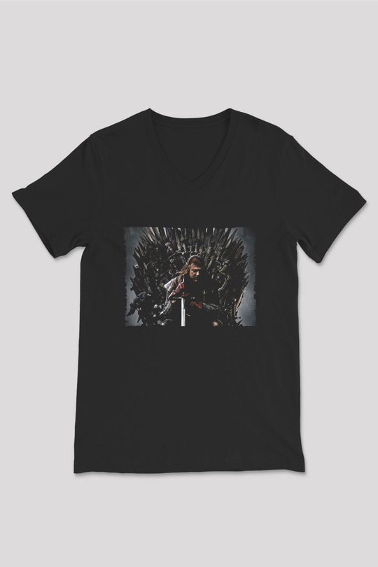 Unisex Game of Thrones Baskılı Siyah Unisex V Yaka Tshirt