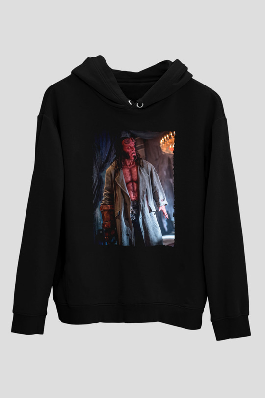 Unisex Hellboy Baskılı Siyah Kapüşonlu Sweatshirt