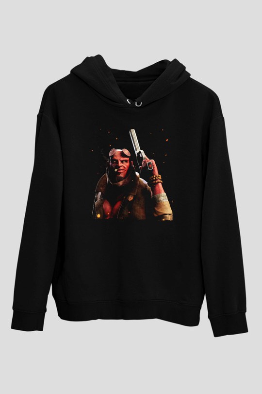 Unisex Hellboy Baskılı Siyah Kapüşonlu Sweatshirt