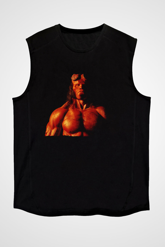 Unisex Hellboy Baskılı Siyah Kolsuz T-shirt