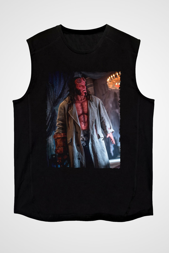 Unisex Hellboy Baskılı Siyah Kolsuz Tişört