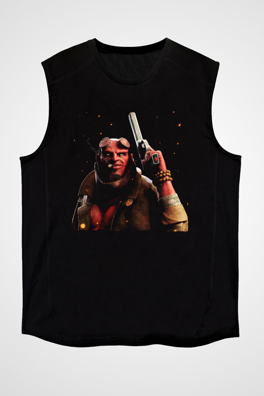 Unisex Hellboy Baskılı Siyah Kolsuz Tshirt