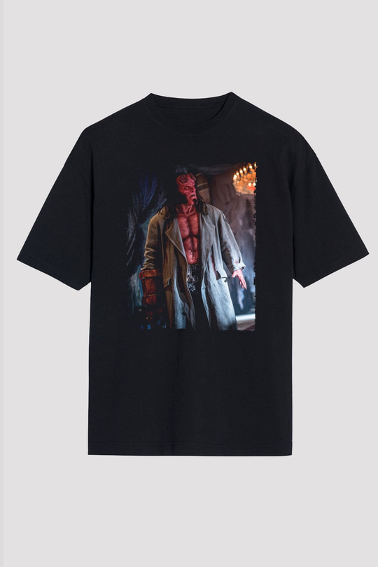 Unisex Hellboy Baskılı Siyah Oversize Tişört