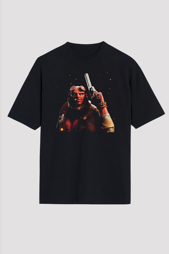 Unisex Hellboy Baskılı Siyah Oversize Tshirt
