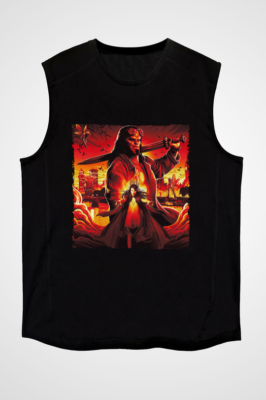 Unisex Hellboy Baskılı Siyah Unisex Kolsuz T-shirt