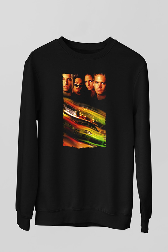 Unisex Hızlı ve Öfkeli (Fast & Furious) Baskılı Siyah Unisex Sweatshirt