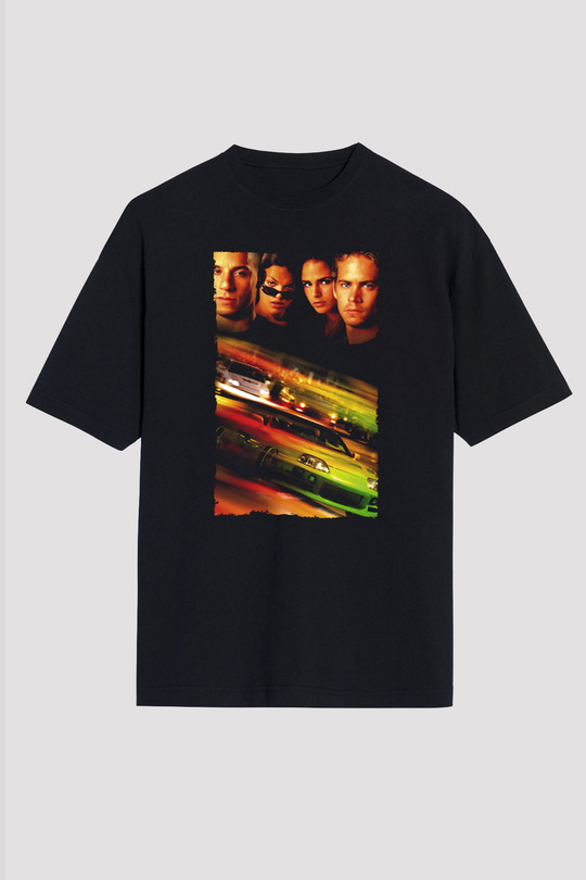 Unisex Hızlı ve Öfkeli (Fast & Furious) Baskılı Siyah Unisex Oversize Tişört