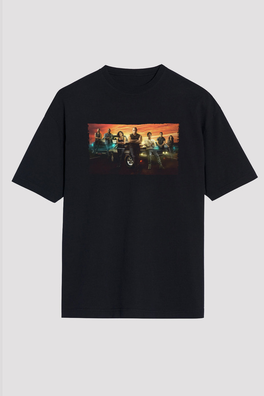 Unisex Hızlı ve Öfkeli (Fast & Furious) Baskılı Siyah Oversize Tişört