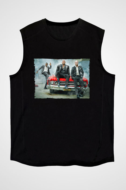 Unisex Hızlı ve Öfkeli Hobbs ve Shaw (Hobbs & Shaw) Baskılı Siyah Kolsuz T-shirt