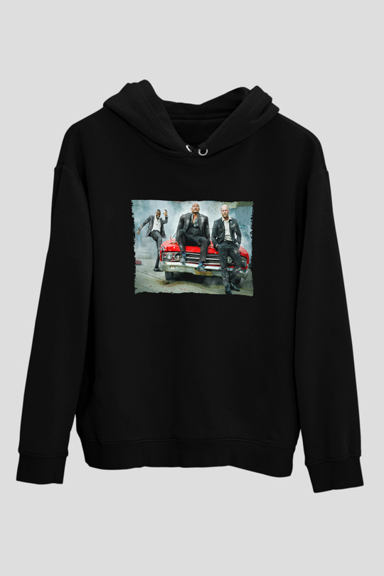 Unisex Hızlı ve Öfkeli Hobbs ve Shaw (Hobbs & Shaw) Baskılı Siyah Kapüşonlu Sweatshirt