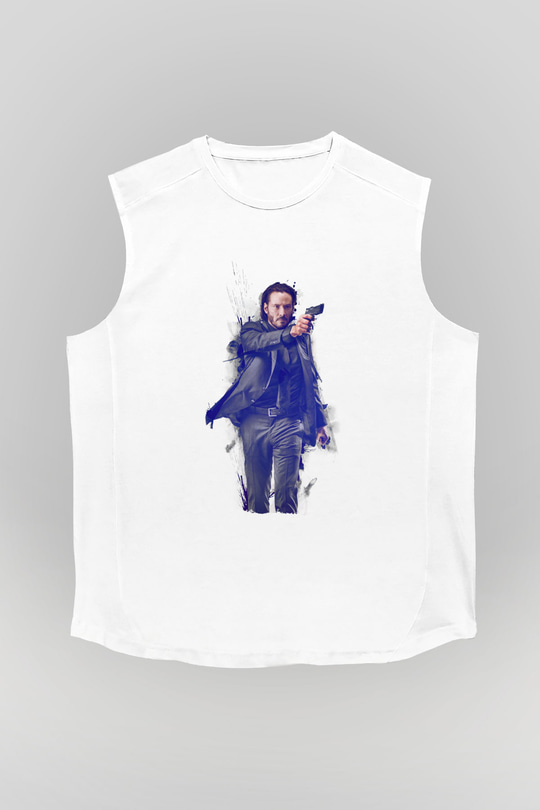 Unisex John Wick Baskılı Beyaz Kolsuz Tişört