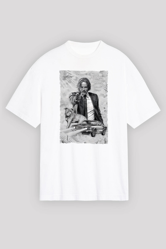 Unisex John Wick Baskılı Beyaz Oversize Oversize T-shirt