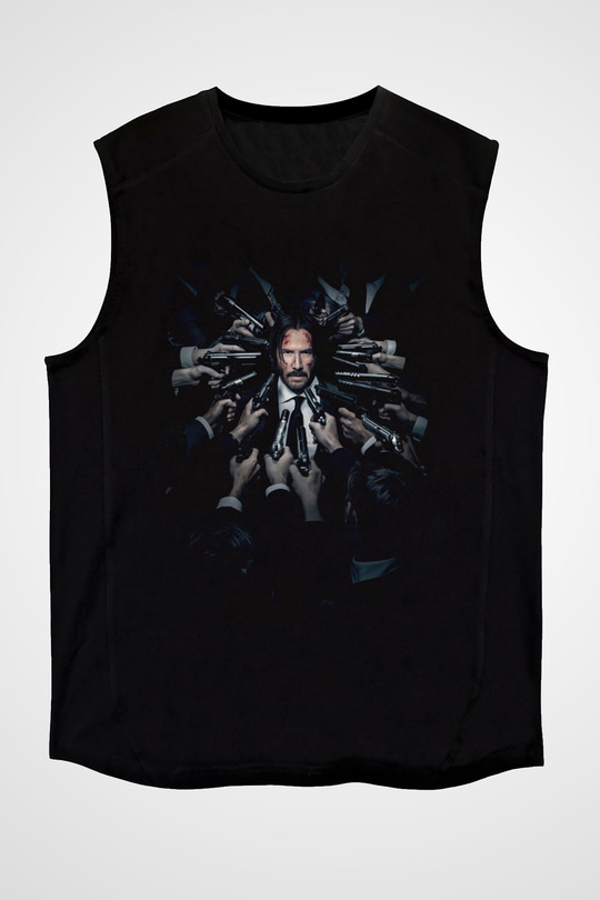 Unisex John Wick Baskılı Siyah Kolsuz T-shirt