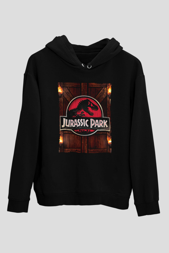 Unisex Jurassic Park Baskılı Siyah Kapüşonlu Sweatshirt