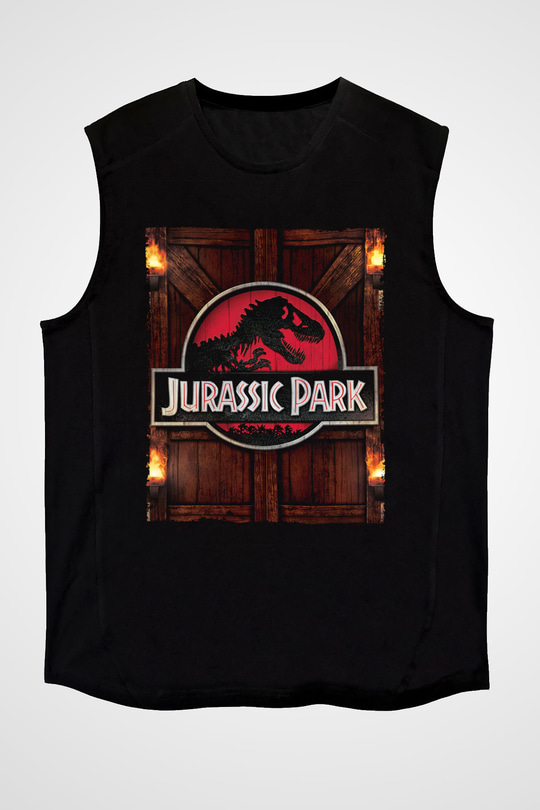 Unisex Jurassic Park Baskılı Siyah Kolsuz T-shirt