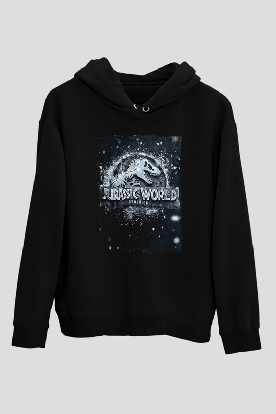 Unisex Jurassic World Hâkimiyet (Jurassic World Dominion) Baskılı Siyah Kapüşonlu Sweatshirt