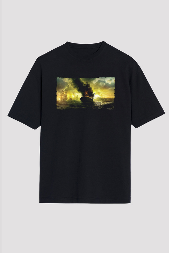 Unisex Karayip Korsanları Gizemli Denizlerde (Pirates of the Caribbean On Stranger Tides) Baskılı Siyah Unisex Oversize Tişört