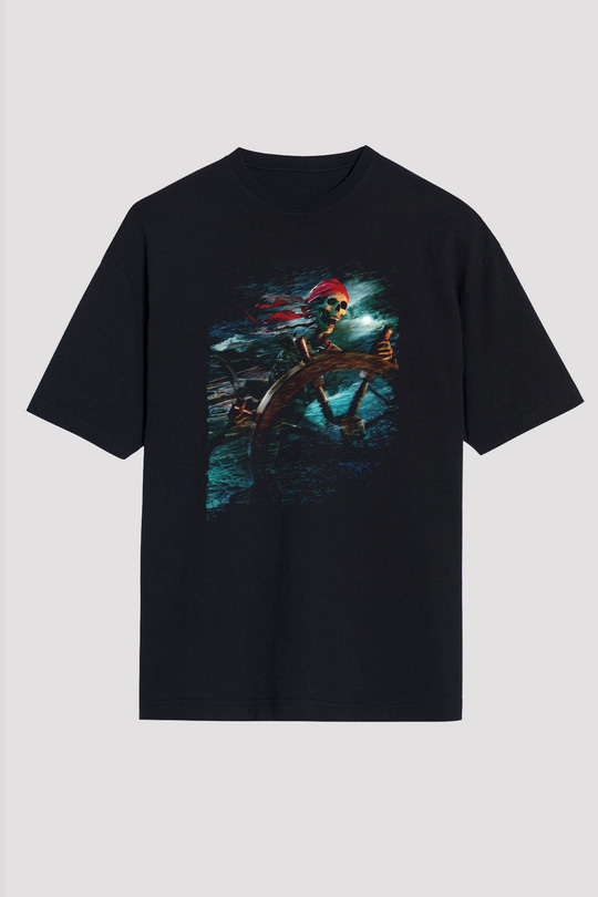 Unisex Karayip Korsanları (Pirates of the Caribbean) Baskılı Siyah Unisex Oversize Tshirt
