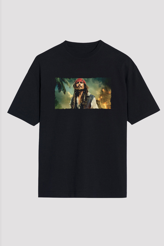 Unisex Karayip Korsanları (Pirates of the Caribbean) Siyah Oversize Tshirt