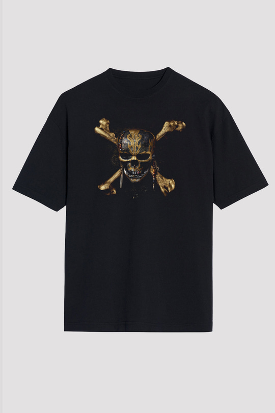 Unisex Karayip Korsanları (Pirates of the Caribbean) Baskılı Siyah Oversize Tişört