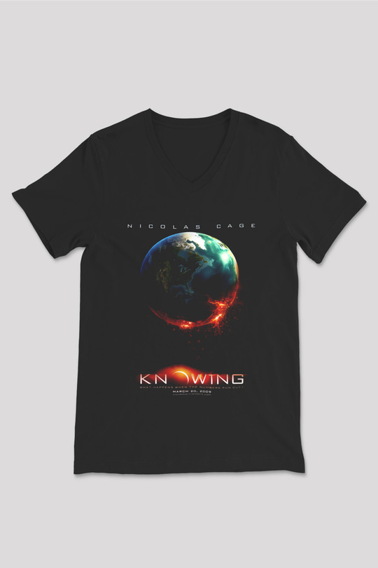 Unisex Kehanet (Knowing) Baskılı Siyah V Yaka T-shirt