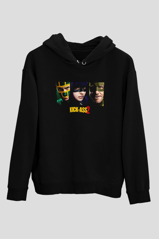 Unisex Kick Ass 2 Baskılı Siyah Kapüşonlu Sweatshirt