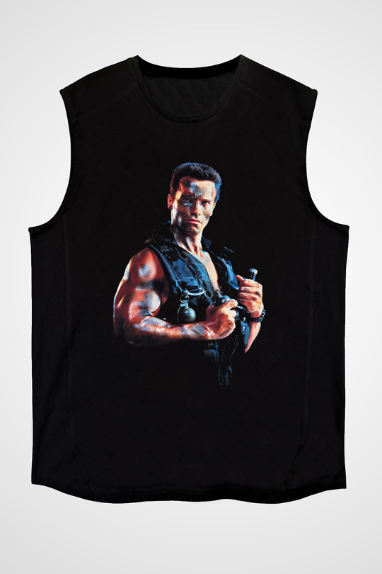 Unisex Komando (Commando) Baskılı Siyah Kolsuz Tshirt